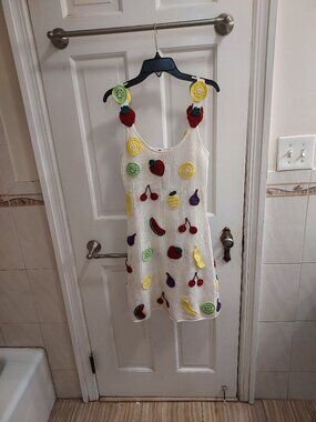 Staud Maracuya White Fruit Crochet Sleeveless Dress